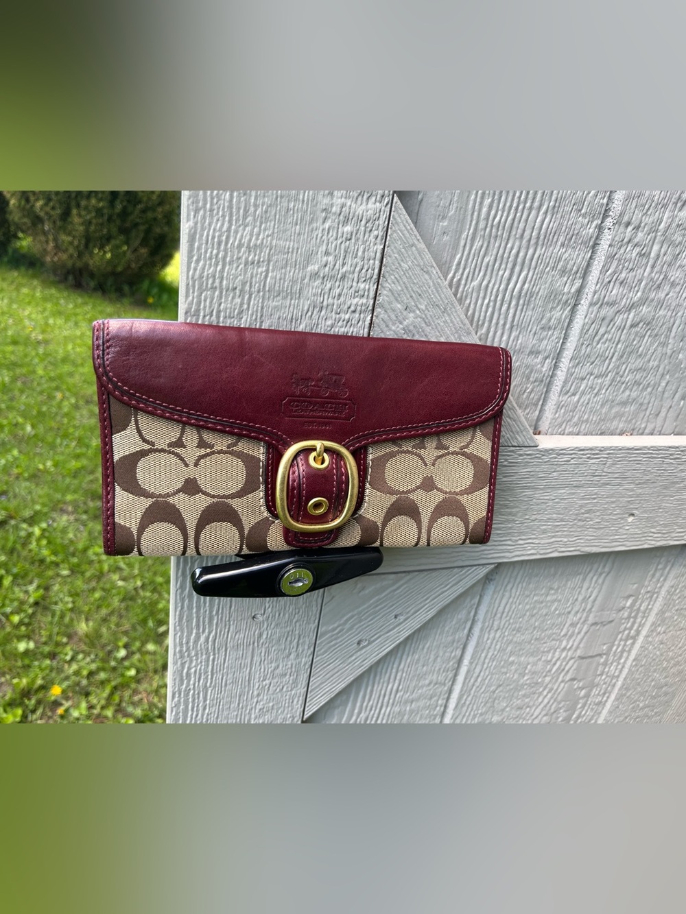 Coach Beige Signature Canvas Wallet with Burgundy Leather